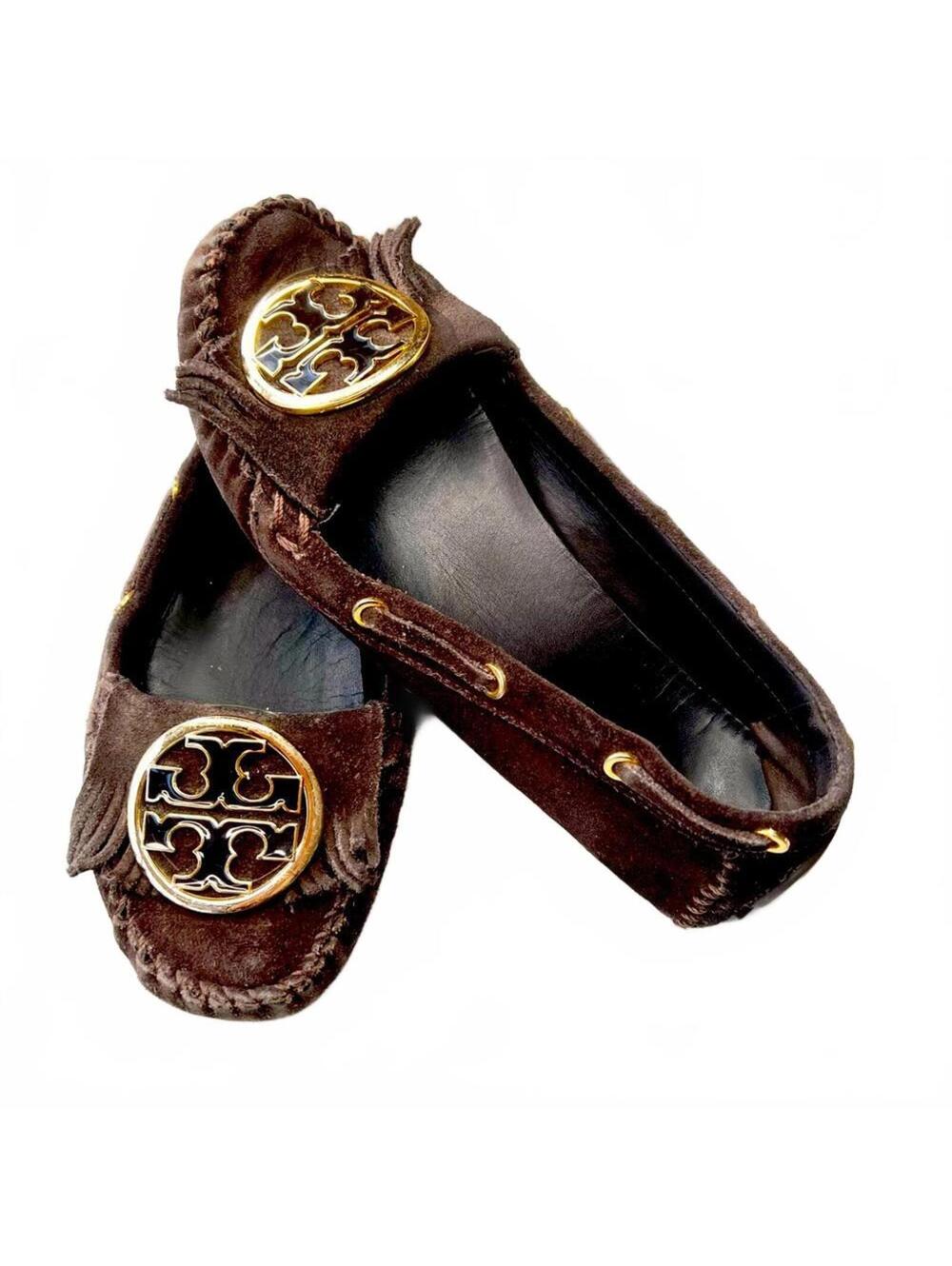 Tory Burch Brown Suede Moccasin Driver loafers with Gold medallion Size 7